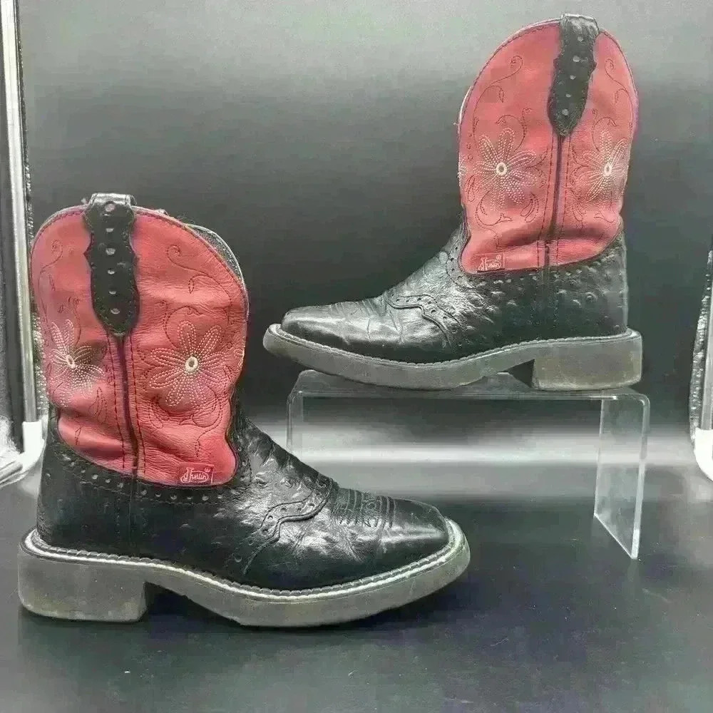 JUSTIN GYPSY BLACK & RED EMBROIDERED ANKLE BOOTS